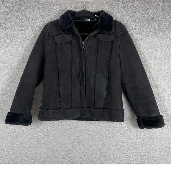Lord & Taylor Jacket Womens Petite Medium Black Faux Shearling Lined Zip Korea - Picture 1 of 7